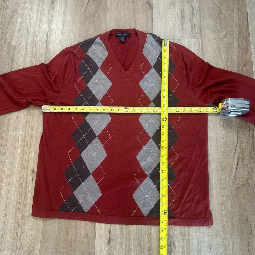 Banana Republic Men's XL Dark Red Argyle V-Neck Silk Cotton Cashmere